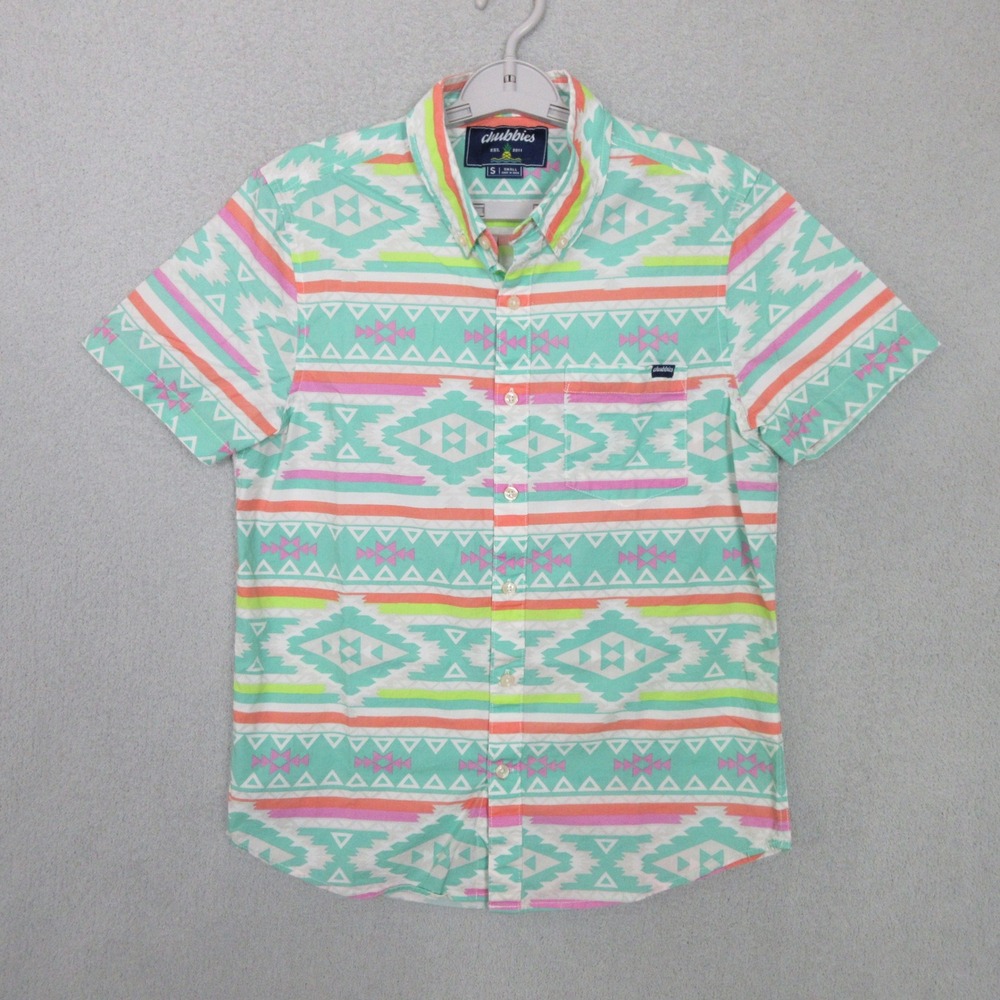 Chubbies Mens Small Short Sleeve Button Down Shirt Aztec Geometric Pastel